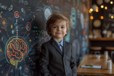 Charming boy in a stylish suit with creative drawings on a chalkboard"の素材