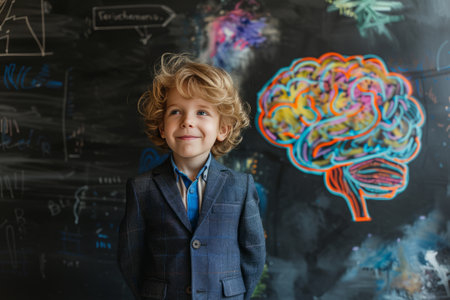 Stylish little scientist used brain art concept to draw a brain on a chalkboard"の素材