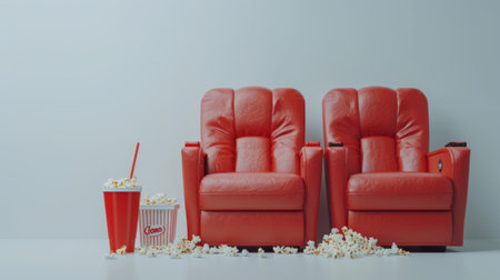 Contemporary Home Theater with Chic Red Seats and Gourmet Popcorn Setupの素材