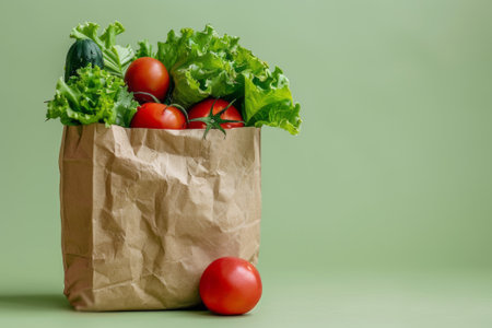 Fresh organic vegetables and fruits in a recycled paper shopping bag on the green background with copy space. Healthy vegan or vegetarian products. Shopping or delivery of healthy food concept.の素材
