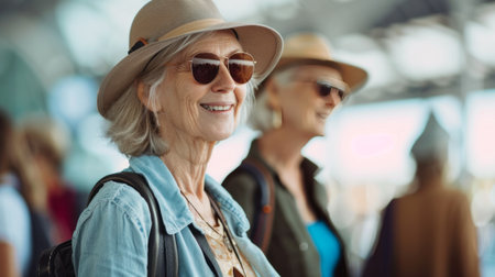 Close-up portrait of a senior Caucasian female traveler at the airport. Charming elderly woman wearing nice hat and sunglasses is going on vacation trip. Tourism and active lifestyle for retirees.の素材