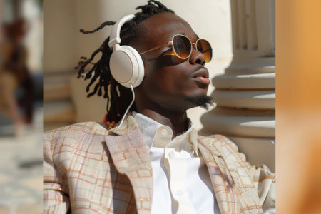 Stylish young man with braided hair enjoying music outdoorsの素材