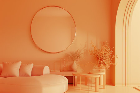 Modern interior design of monochrome living room in pink and orange tones with stylish furnitureの素材