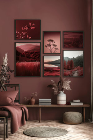 Modern red gallery wall with empty frames and stylish interior decorの素材