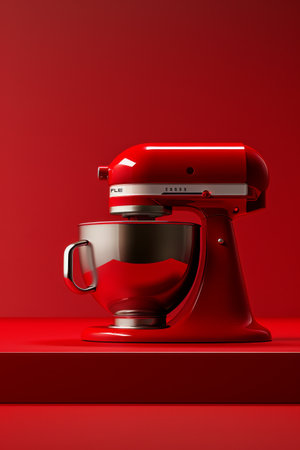 Elegant red stand mixer on a monochromatic red backgroundの素材