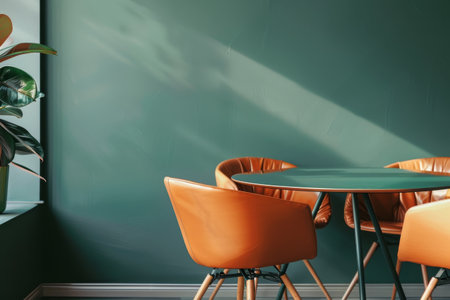 Modern interior design with orange leather chairs and round dining tableの素材