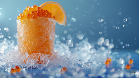 Elegant glass filled with orange tobiko caviar on a bed of iceの素材