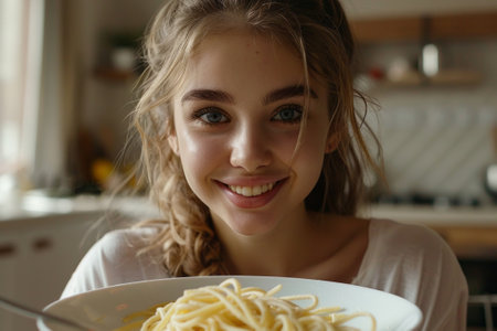 Close-up of charming young Caucasian girl eating delicious homemade Italian spaghetti, looking at camera. Happy smiling European lady enjoying tasty lunch, sitting in cozy kitchen. World Pasta Day.の素材