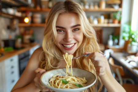 Close-up of charming young Caucasian girl eating delicious homemade Italian spaghetti, looking at camera. Happy smiling European lady enjoying tasty lunch, sitting in cozy kitchen. World Pasta Day.の素材