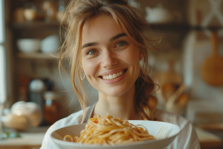Close-up of charming young Caucasian girl eating delicious homemade Italian spaghetti, looking at camera. Happy smiling European lady enjoying tasty lunch, sitting in cozy kitchen. World Pasta Day.の素材