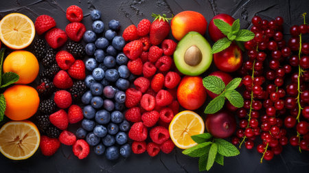 Various organic colorful fruits and berries are laid out in even stripes. Nutrition, diet, vegan food concept. Healthy eating background.の素材