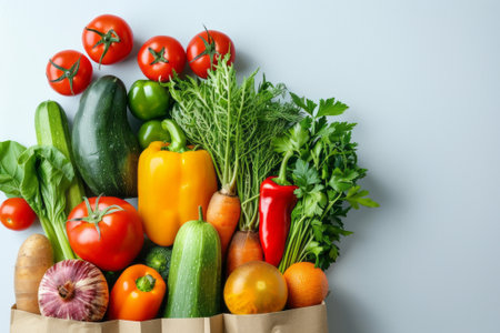 Fresh organic vegetables, fruits, herbs and spices in a recycled paper bag isolated on light grey background with copy space. Shopping or delivery of healthy food. Nutrition, diet, vegan food concept.の素材
