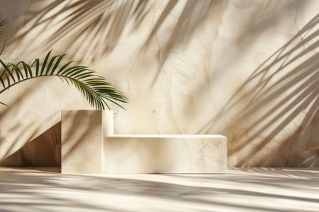 Minimalistic product placement background with a palm tree and shadows on a beige plastered wall. Interior aesthetics of luxury architecture. Stage mockup of a creative product platform.の素材