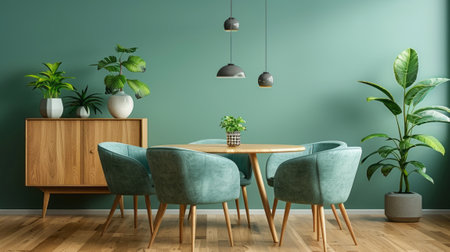 Interior of modern cozy living room with dining area. Green walls with posters, round wooden dining table and mint color chairs on a hardwood floor, many indoor plants.の素材
