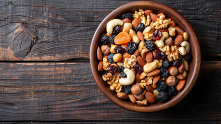 Top view of wooden bowl with nuts and dried fruit mix on dark wood boards. Vegetarian food background with copy space. Healthy eating and natural energy concept.の素材
