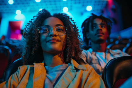 Close-up of a cheerful African American girl watching a movie in cinema theater. Happy smiling young black woman enjoying movie and popcorn, having fun.の素材