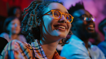 Close-up of cheerful African American couple watching a movie in cinema theater. Happy smiling young black man and woman enjoying movie, having fun.の素材