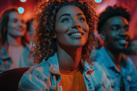 Close-up of cheerful African American couple watching a movie in cinema theater. Happy smiling young black man and woman enjoying movie, having fun.の素材