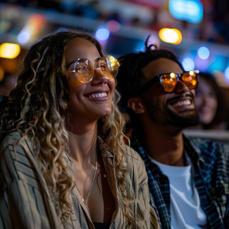 Close-up of cheerful African American couple watching a movie in cinema theater. Happy smiling young black man and woman enjoying movie, having fun.の素材