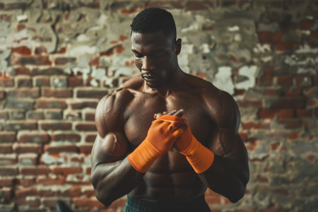 Close-up portrait of a muscular African American athlete with his arms wrapped in orange textile elastic bandage. Concentrated bare-chested boxer preparing for training against a brick wall in gym.の素材