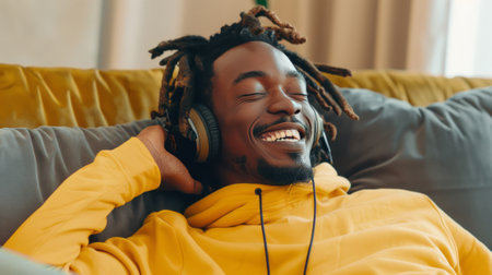 Close-up of cheerful African American young man in yellow hoodie and headphones. Optimistic black guy with dreadlocks relaxing on sofa and listening to music with happy smile and his eyes closed.の素材