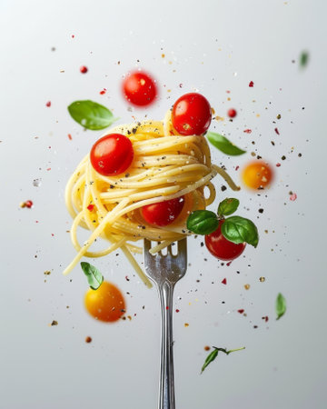 Pasta with tomatoes, basil, grated parmesan and pepper rolled on a fork over white background with copy space. Creative fantasy food background for Italian cuisine menu.の素材