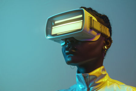 Close-up portrait of an attractive black woman wearing augmented virtual reality goggles. Young African American woman in metaverse against futuristic colorful neon background.の素材