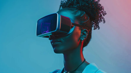 Close-up portrait of an attractive black woman wearing augmented virtual reality goggles. Young African American woman in metaverse against futuristic colorful neon background.の素材