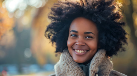 Close-up portrait of an attractive young African American woman wearing winter fur coat posing outdoors. Cheerful smiling black female model in autumn park.の素材