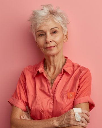 Close-up portrait of happy cheerful elderly woman smiling and looking at camera. Positive Caucasian senior lady with grey hair over pink studio background. Beauty at any age.の素材