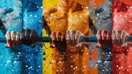 Colorful collage with muscular male athletes bodies and hands holding barbell. Fitness, healthy lifestyle, bodybuilding and diversity concept. Poster painted with rainbow colors.の素材