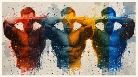 Colorful collage of muscular male athlete with arms raised over his head. Fitness, healthy lifestyle, bodybuilding and diversity concept. Poster painted with rainbow colors.の素材