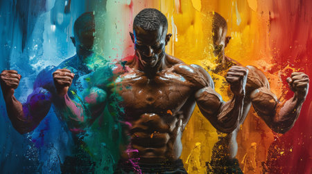 Colorful collage of muscular male athlete with raised arms. Fitness, healthy lifestyle, bodybuilding and diversity concept. Poster background painted with rainbow colors.の素材