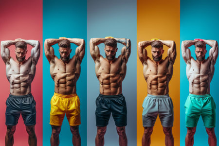 Colorful collage with muscular male athlete with hands raised over his head. Fitness, healthy lifestyle, bodybuilding and diversity concept. Poster background painted with rainbow colors.の素材