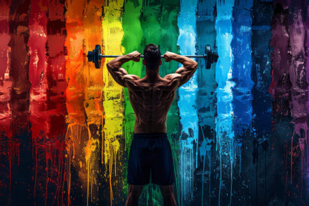 Colorful collage of a muscular male athlete standing backwards with barbell in his raised hands. Fitness, healthy lifestyle, bodybuilding and diversity concept. Poster painted with rainbow colors.の素材
