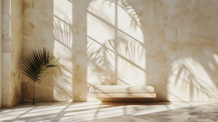 Minimalistic product placement background with a palm tree and shadows on a beige plastered wall. Interior aesthetics of luxury architecture. Stage mockup of a creative product platform.の素材