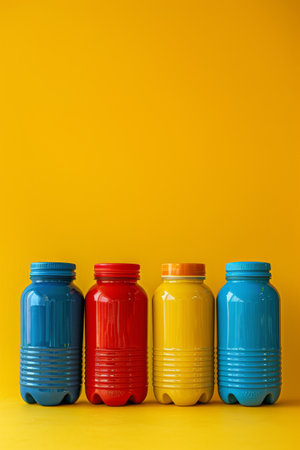 Colorful plastic containers lined up against a yellow backgroundの素材