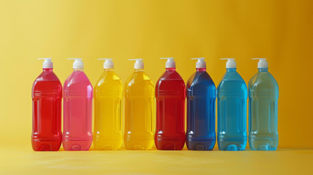 Colorful plastic containers on yellow background in a rowの素材