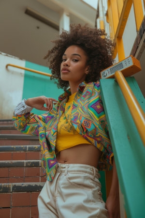 Stylish African American woman posing on urban staircase with vibrant fashionの素材
