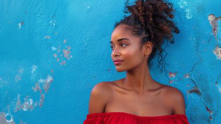 Elegant African American woman in a red dress against a blue textured wallの素材