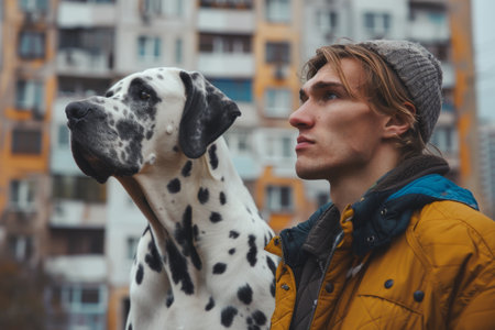 Dog owner stands with spotted Great Dane in urban settingの素材