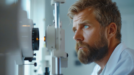 Focused male optometrist evaluating vision through phoropter in clinicの素材