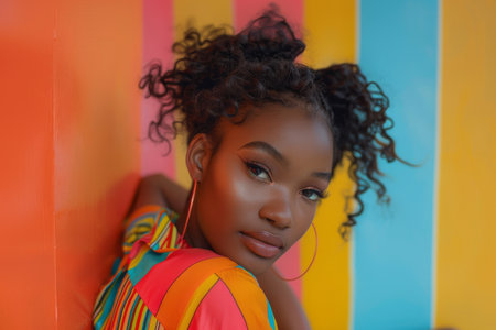 Stylish African American woman with a colorful background posing for a portraitの素材