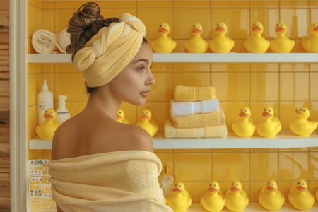Elegant woman in spa wrapped in towel with rubber ducks backdropの素材
