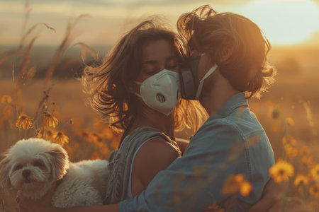 Loving couple enjoying sunset with a cute dog in a field of flowersの素材