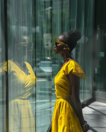 Elegant black woman in sunshine wearing yellow dress and sunglassesの素材
