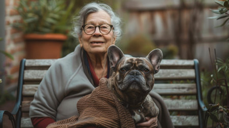 Elderly woman enjoying time with her French bulldog on a cozy benchの素材