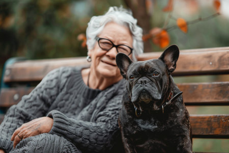 Joyful senior woman with glasses sitting with a French Bulldog on a benchの素材