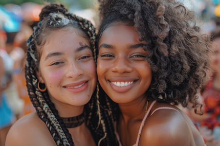 Smiling young black woman with braids hugging her friend at a festive eventの素材
