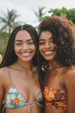 Joyful young women with beautiful smiles embracing in tropical settingの素材